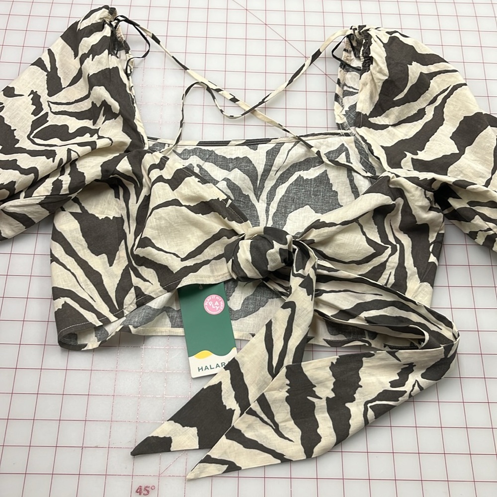 HALARA NWT Boho Beach Zebra Puff SLV Tie Back Square Neck Brown/Tan Crop Top XL - Picture 9 of 16